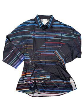 Akris Punto Cotton Top US 4 Multicolor Stripe Abstract Print Button Front Design